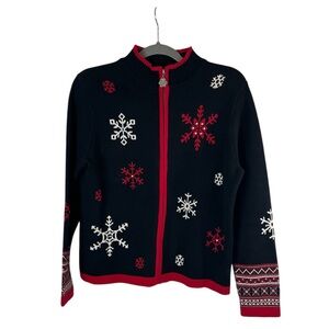 Breckenridge‎ woman’s cotton black red full zip holiday snowflake cardigan PM